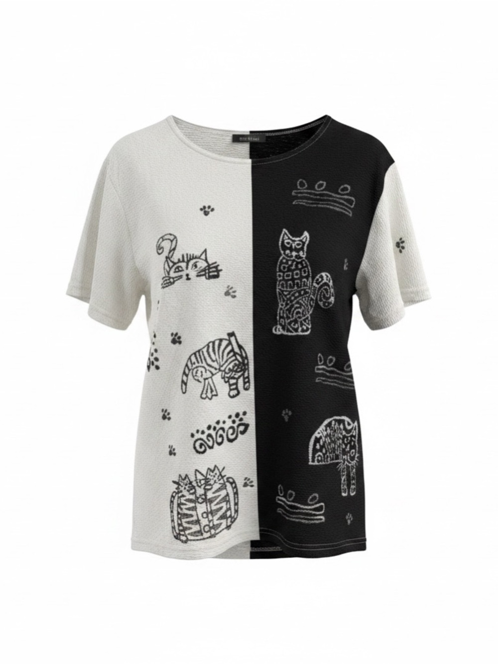 Black & White Cat Print Split Tee